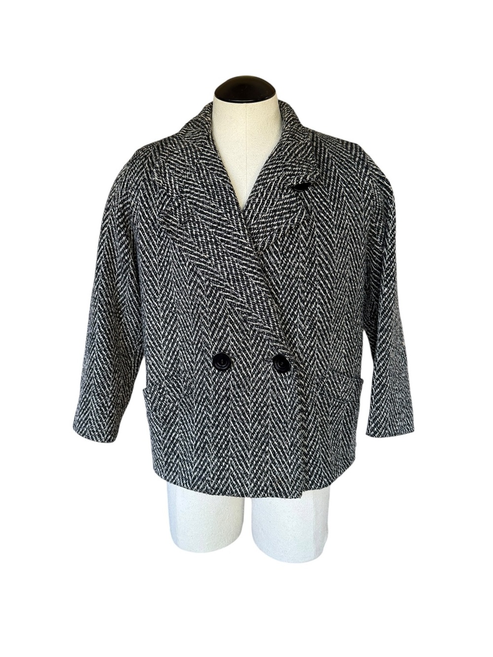 Vintage St Michael Wool Blend Pea Coat Large Herringbone 80s Made West Germany